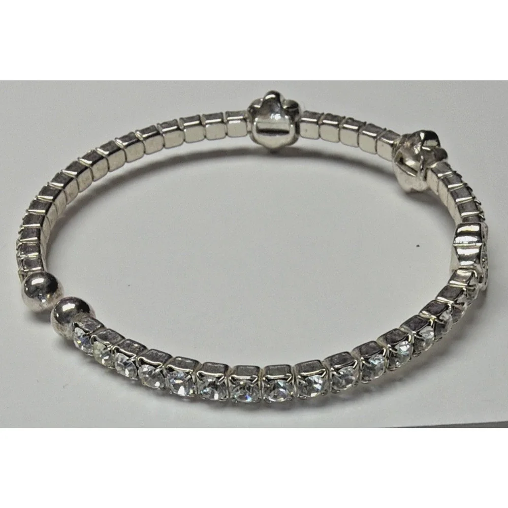 Vintage Clear Rhinestone Silver Cuff Bracelet Flower Clover